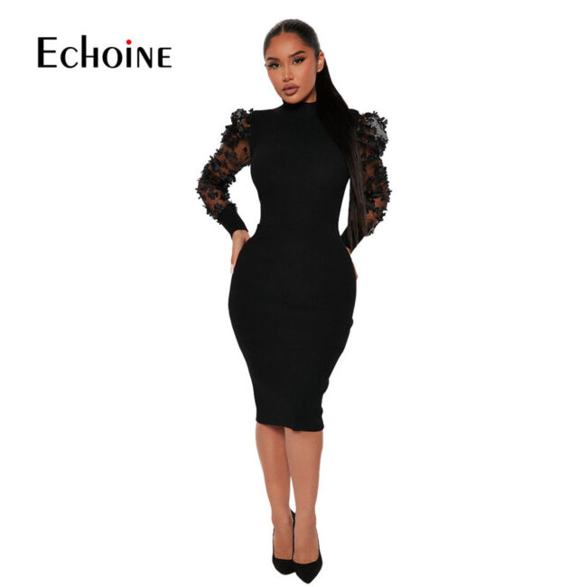Echoine-Winter-Women-Half-Height-Collar-Stereoscopic-Petal-Mesh-Perspective-Splice-Rib-Knee-Length-Dress-Commute__75981